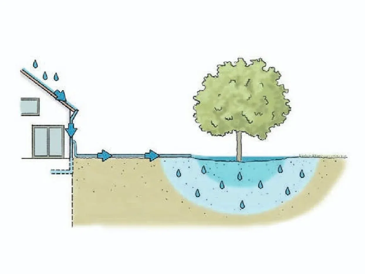 Grafik aus dem Buch: Regenwasser vom Hausdach läuft über das Fallrohr in eine Mulde unter einem Baum und versickert
